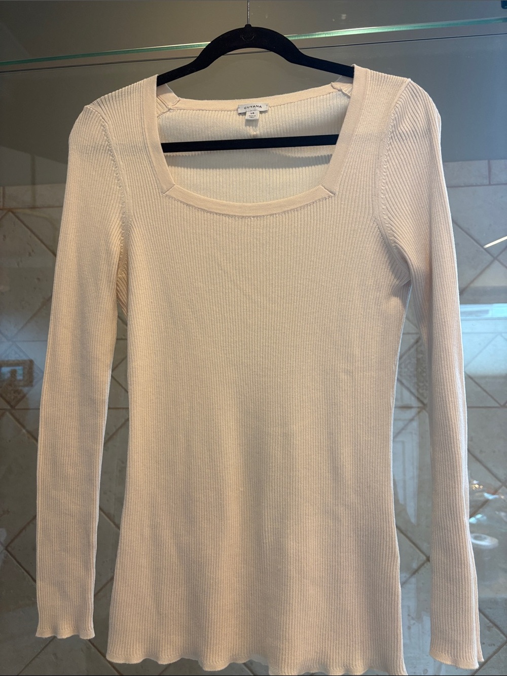 Cuyana Cream Ribbed Square-Neck Long Sleeve Top